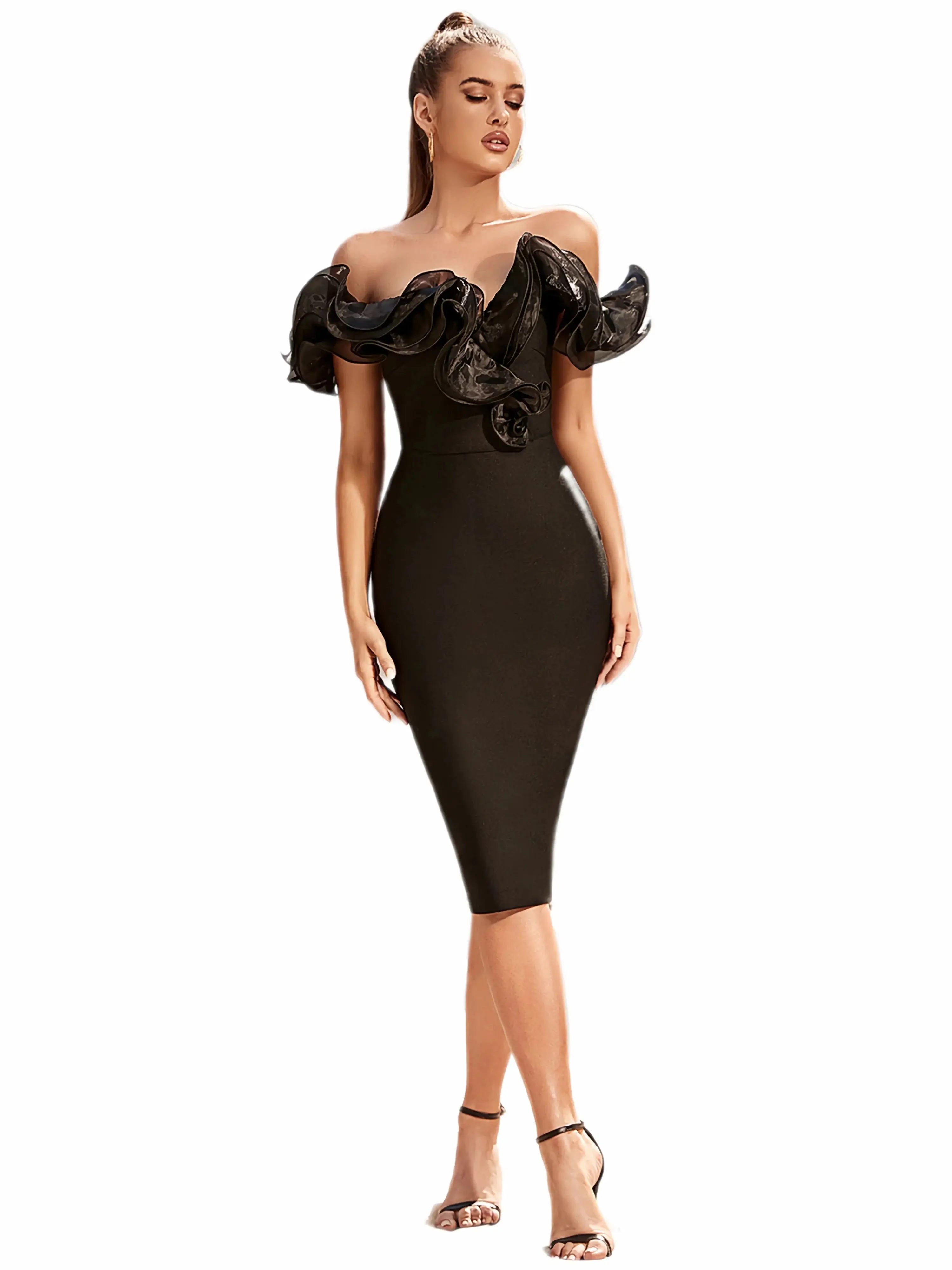 Women's Off Shoulder Bandage Midi Dress Luxury Design Ruffled Elegant Black Sleeveless Ruffled Sexy Club Party Evening Dresses